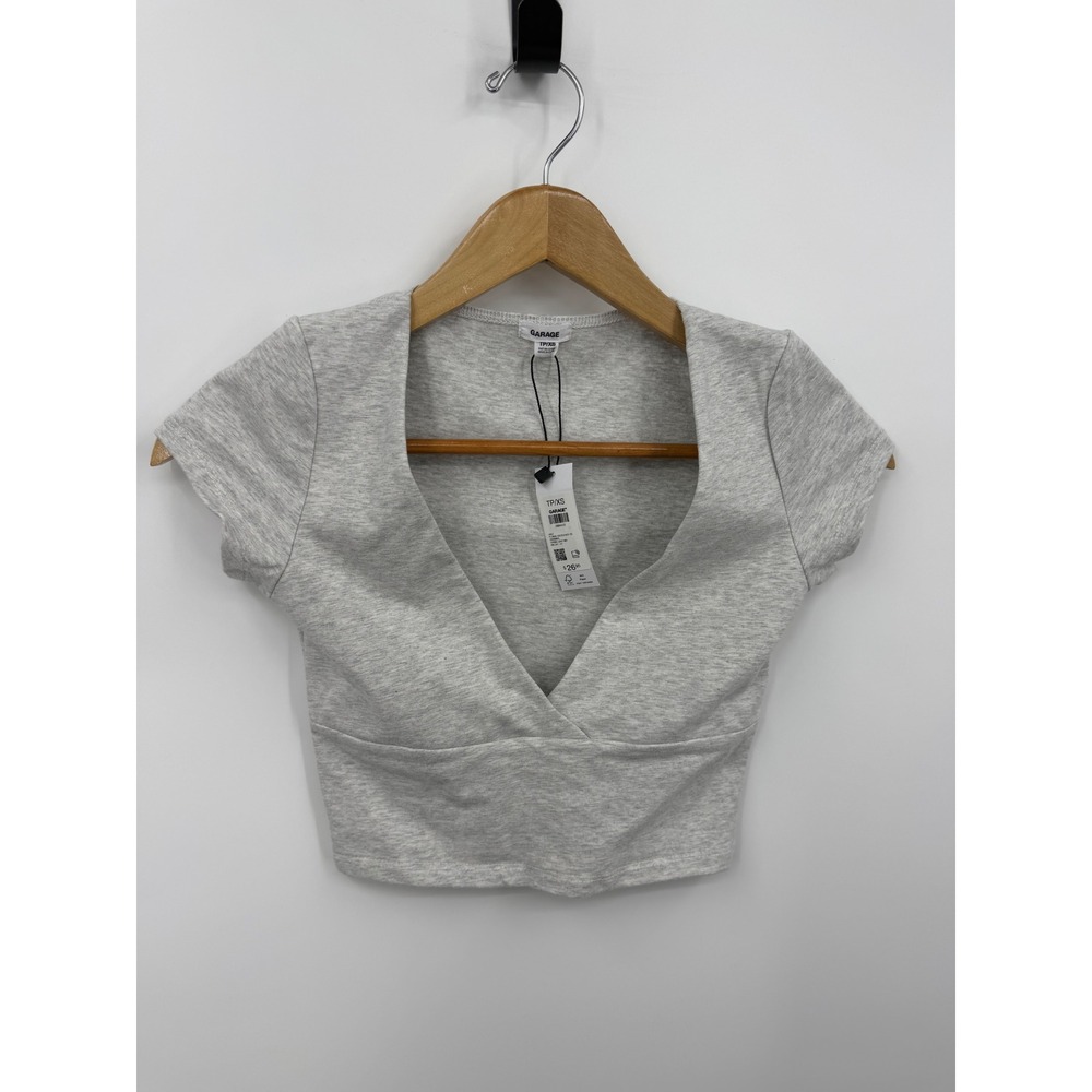Garage Plunge Crossover Tee Women XS Gray Short Sleeve Cropped V-Neck Top